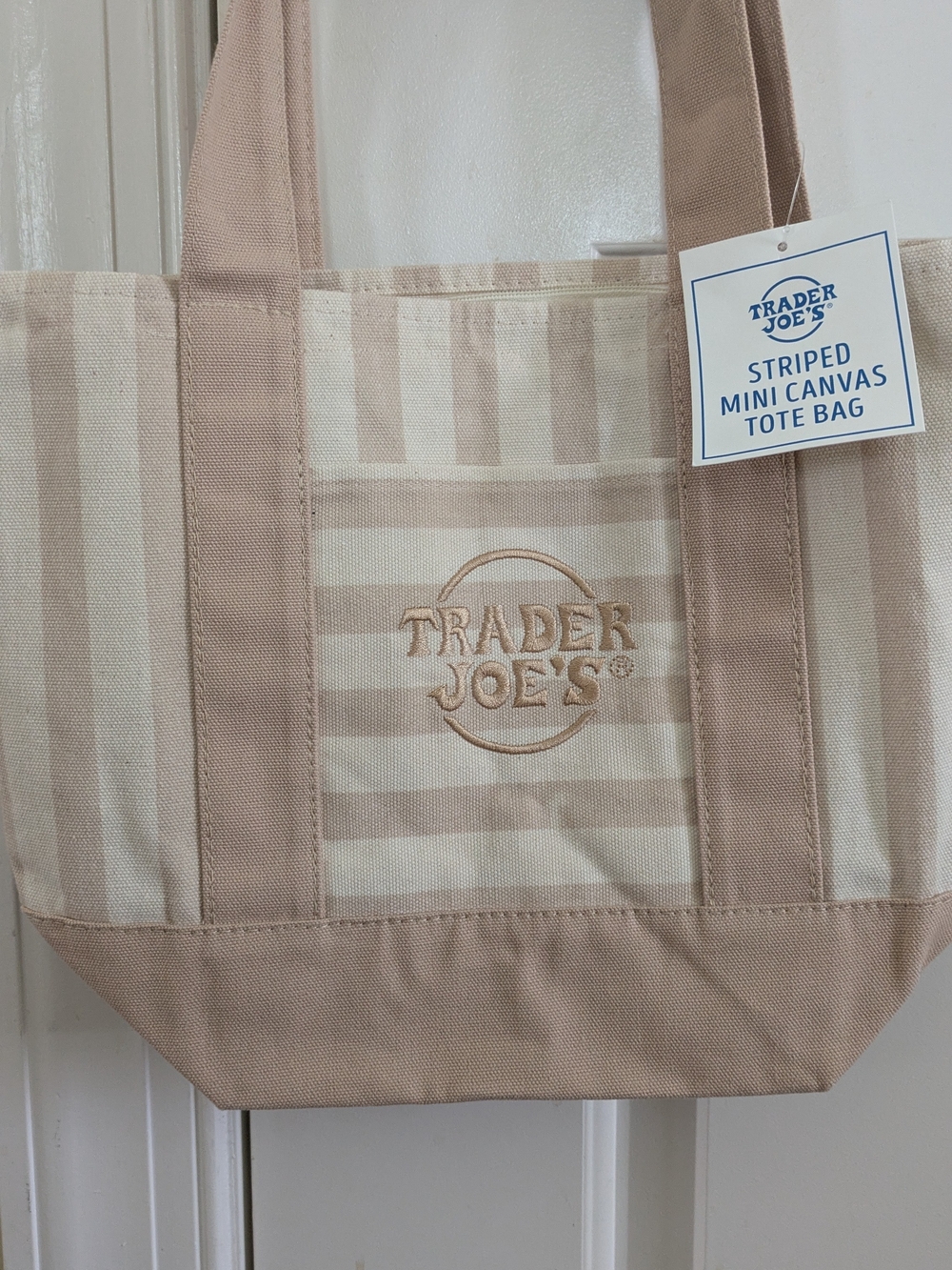Trader Joe's Striped Mini Canvas Tote Bag Desert Sand with patches and zipper - Picture 5 of 7